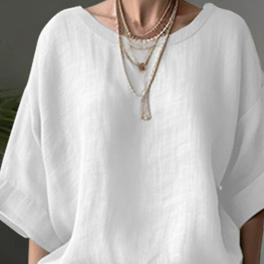 Women’s Oversized Blouse – Cotton Linen Blend – Drop Shoulder – Round Neck – Hip Length
