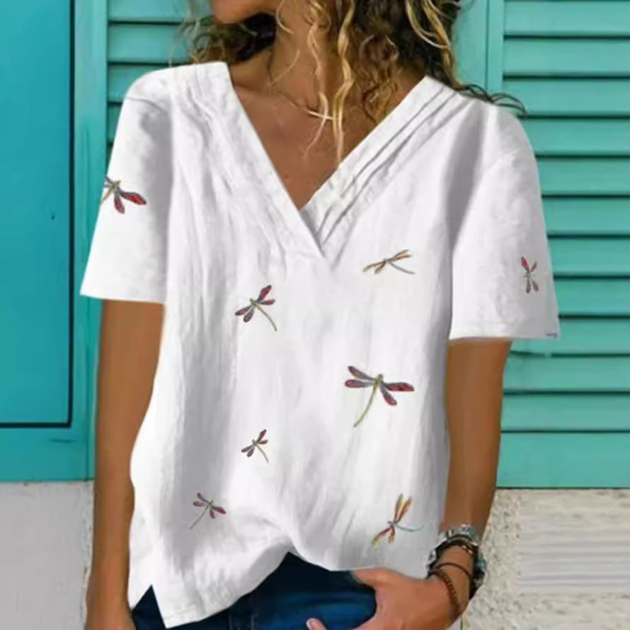 Women’s V-Neck Blouse – Relaxed Fit – Embroidered Dragonfly – Breathable Blend – Short Sleeve