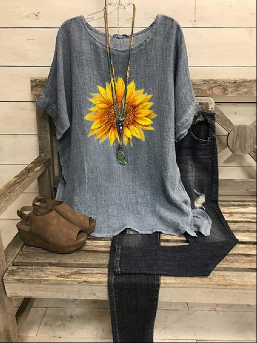Women’s Blouse – Relaxed Fit – Lightweight Cotton – Round Neck – Half Sleeve – Tunic Length – Dandelion Print
