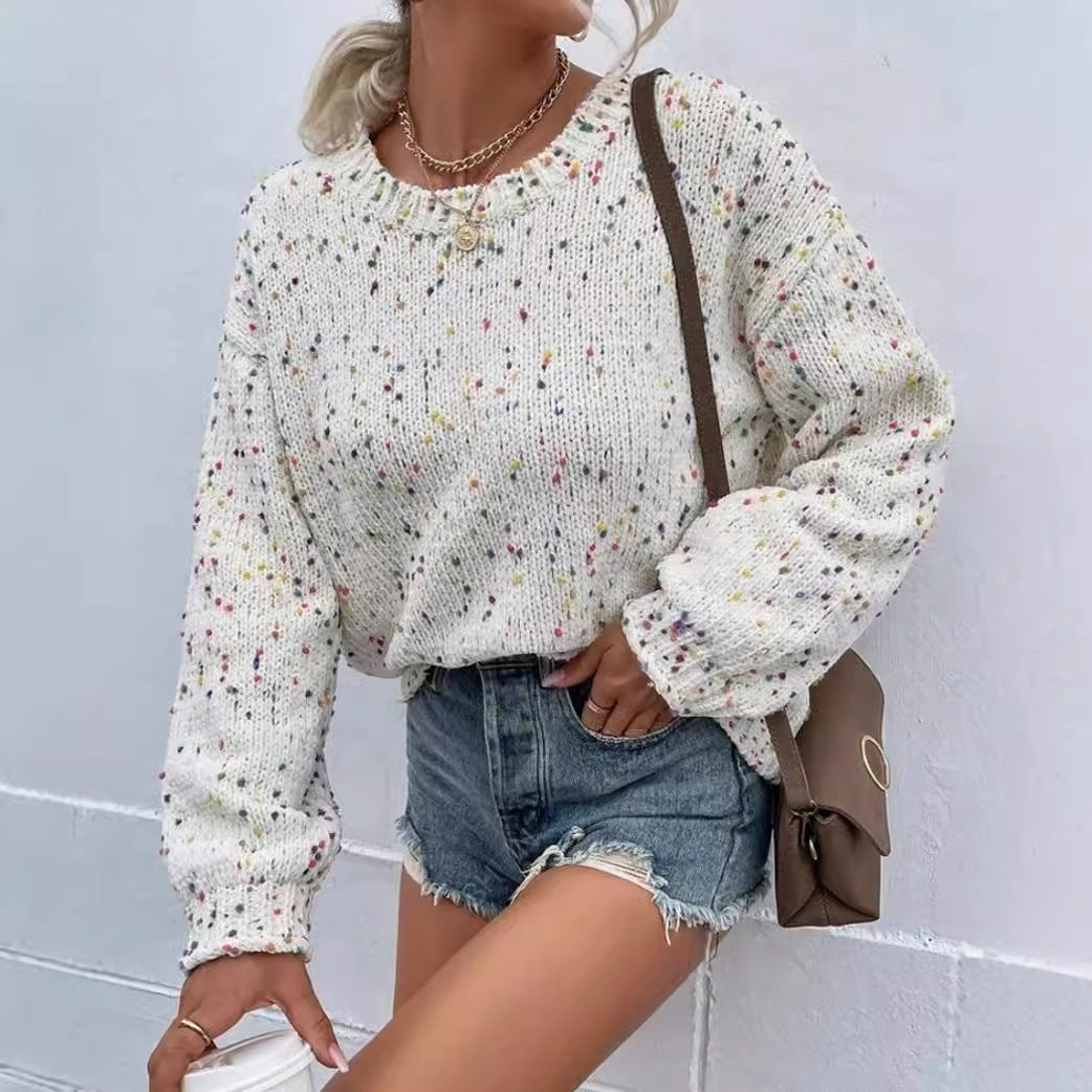 Women’s Pullover Sweater – Relaxed Fit – Knit Fabric – Ribbed Trim – Speckled Pattern