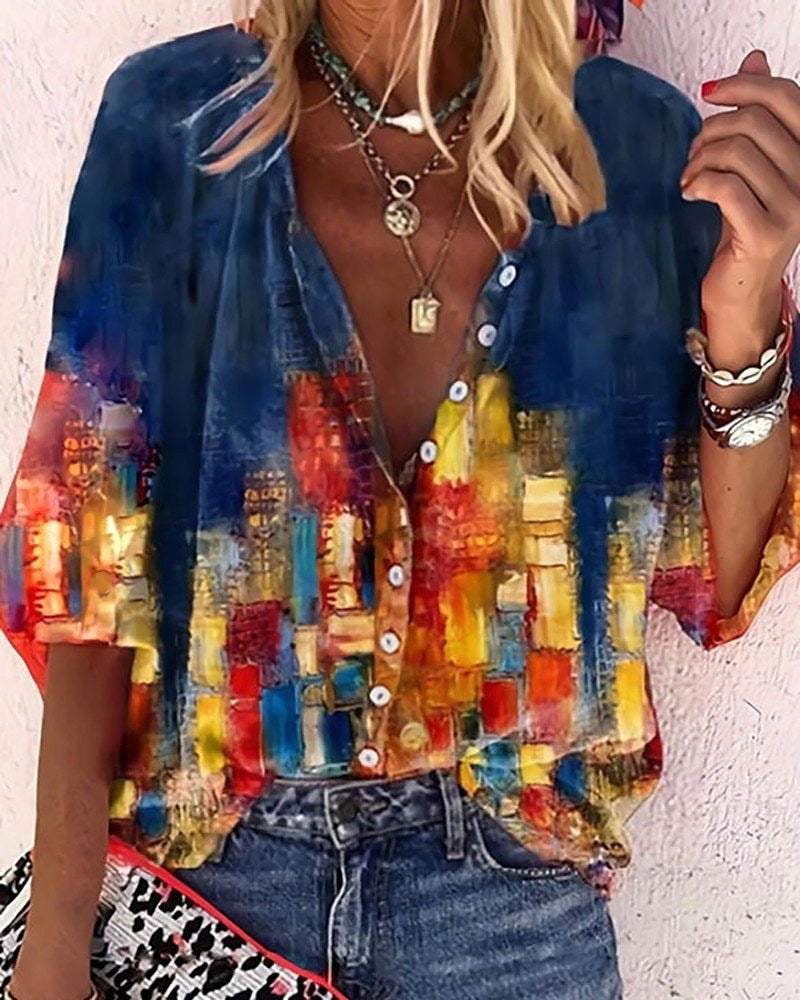 Women's Printed Boho Long Sleeve Tunic Blouse