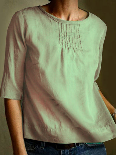 Women’s Blouse – Cotton Linen Blend – Loose Fit – 3/4 Sleeve – Pleated Front