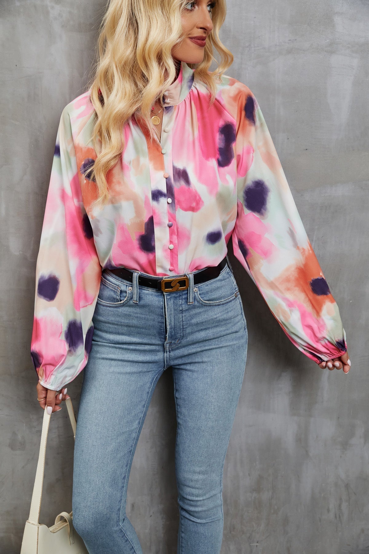 Women’s Long Sleeve Blouse – Relaxed Fit – Artistic Print – Lightweight Casual Top