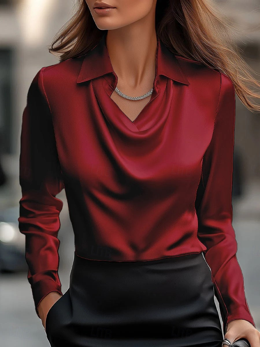 Women’s Blouse – Satin Feel – Draped Cowl Neck – Tailored Fit – Long Sleeve