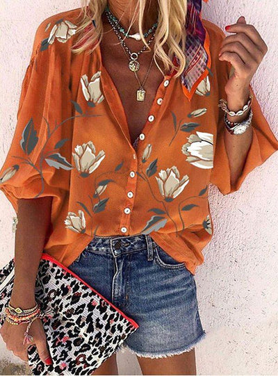 Women's Printed Boho Long Sleeve Tunic Blouse