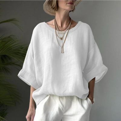Women’s Oversized Blouse – Cotton Linen Blend – Drop Shoulder – Round Neck – Hip Length
