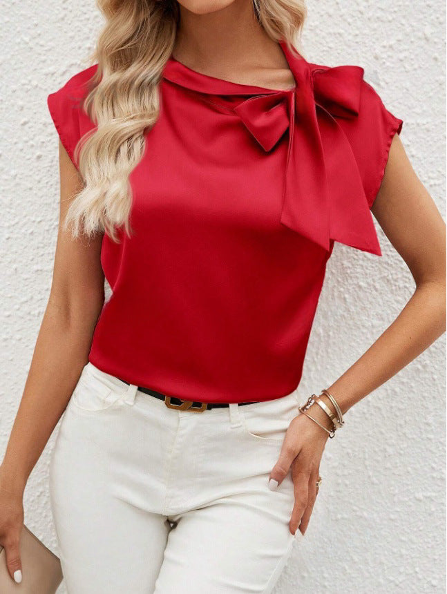 Women’s Satin Blouse – Relaxed Fit – Half Collar – Bow Neck – Cap Sleeve Elegant Top
