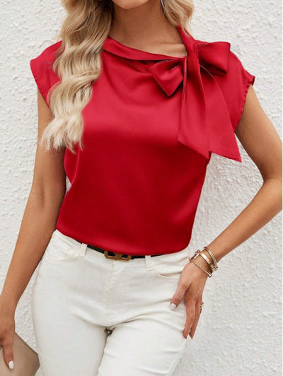 Women’s Satin Blouse – Relaxed Fit – Half Collar – Bow Neck – Cap Sleeve Elegant Top
