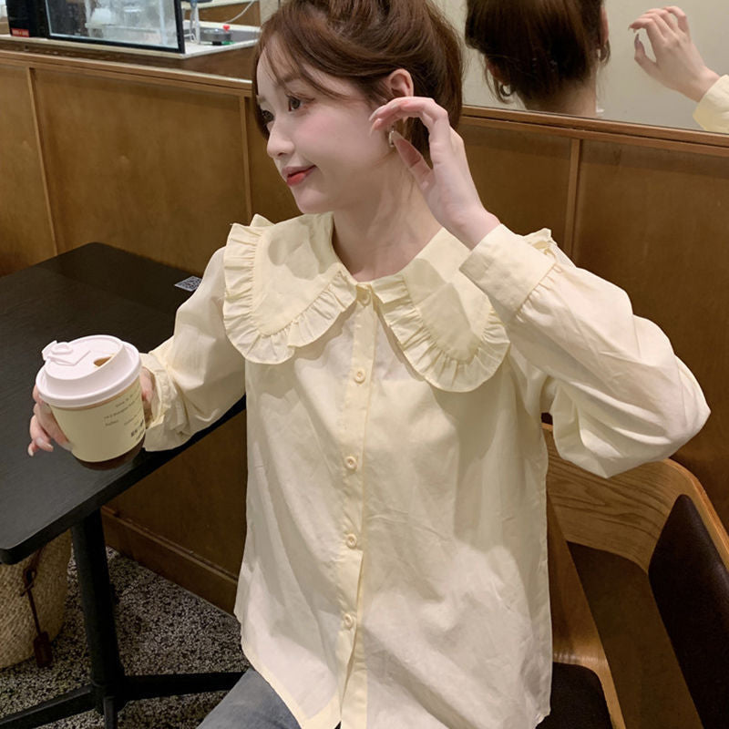 Women’s Blouse – Oversized Fit – Cotton Blend – Ruffled Collar – Long Sleeve Button Down