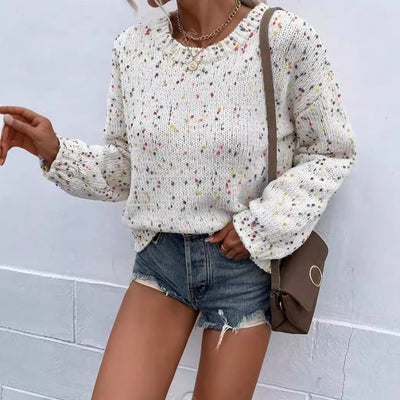 Women’s Pullover Sweater – Relaxed Fit – Knit Fabric – Ribbed Trim – Speckled Pattern