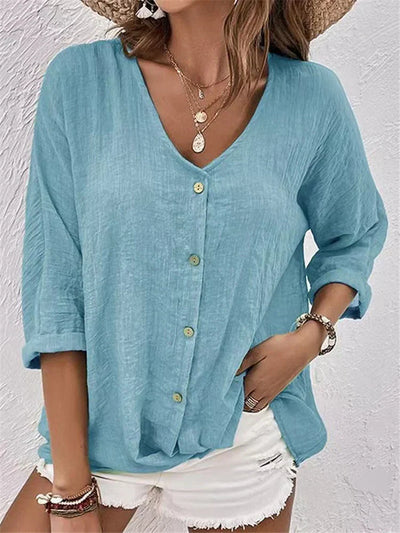 Women’s Blouse – Linen – Relaxed Fit – V-Neck – Button-Down – 3/4 Sleeve