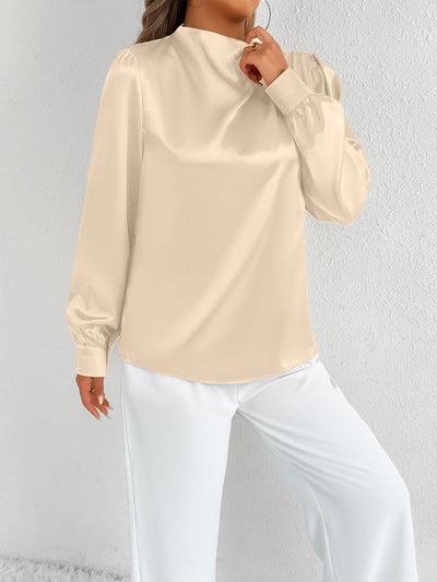 Women’s Satin Blouse – Relaxed Fit – High Neck – Long Sleeve – Minimalist Elegant Style