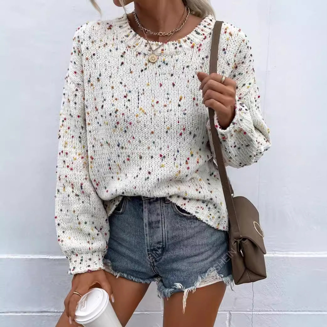 Women’s Pullover Sweater – Relaxed Fit – Knit Fabric – Ribbed Trim – Speckled Pattern