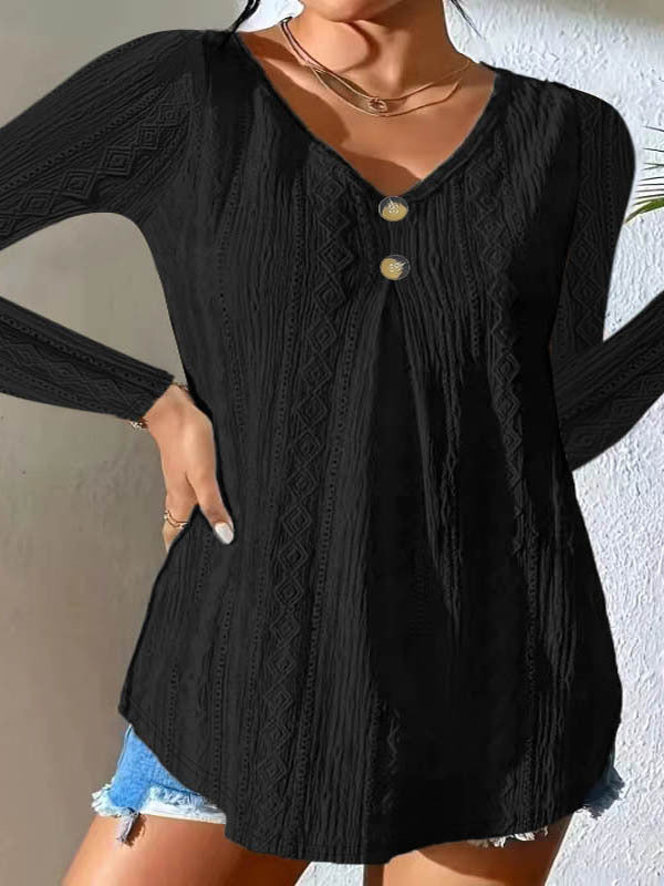 Ottilie | Button Detail Long Sleeve Top - Casual V-Neck