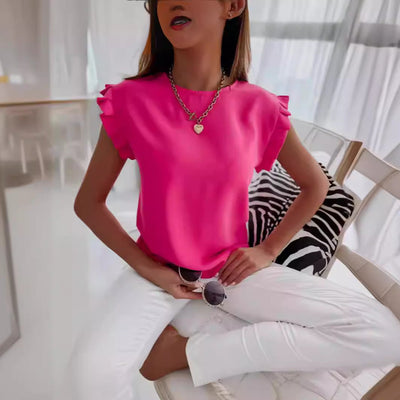 Women’s Blouse – Relaxed Fit – Ruffled Sleeves – Breathable Blend – Round Neckline