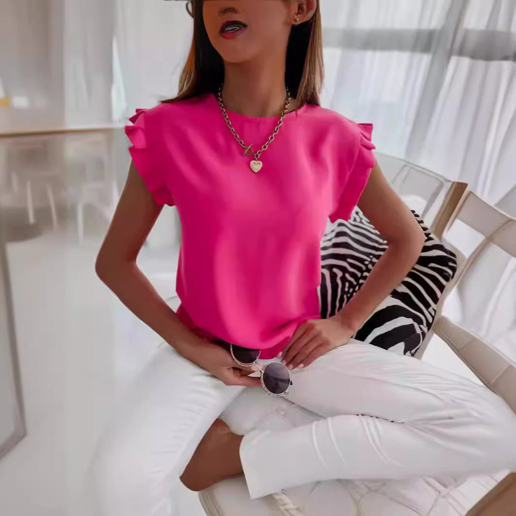 Women’s Blouse – Relaxed Fit – Ruffled Sleeves – Breathable Blend – Round Neckline