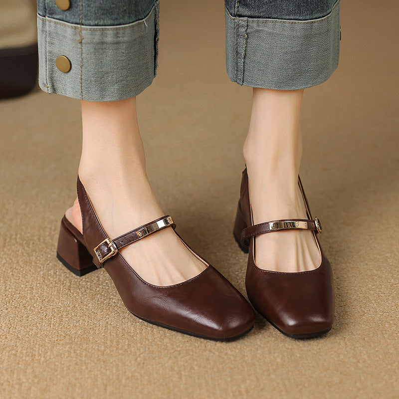 Women’s Slingback Heels – Faux Leather – Block Heel – Square Toe – Studded Strap