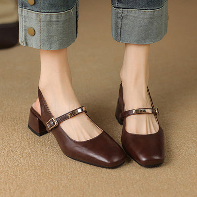 Women’s Slingback Heels – Faux Leather – Block Heel – Square Toe – Studded Strap