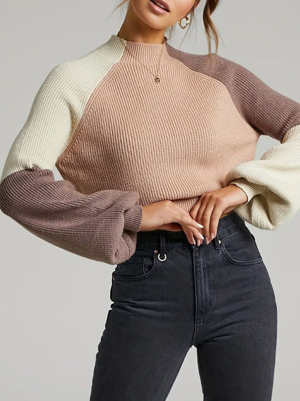 Women’s Pullover Sweater – Oversized Fit – Ribbed Knit – Mock Neck – Bell Sleeves
