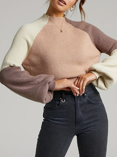 Women’s Pullover Sweater – Oversized Fit – Ribbed Knit – Mock Neck – Bell Sleeves