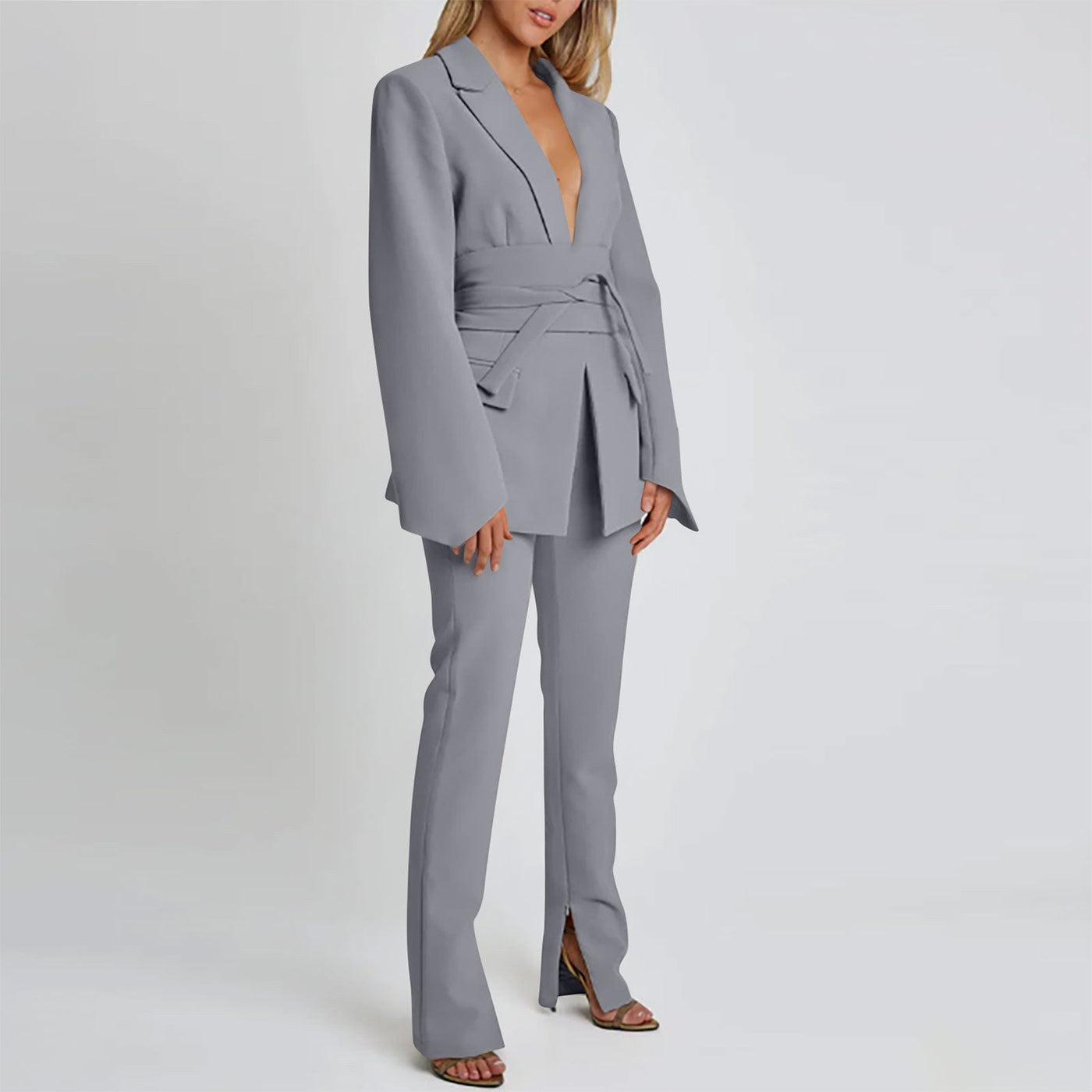Women’s Blazer – Longline Tailored Fit – Self-Tie Waist – Notched Lapel – Flap Pockets