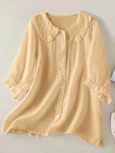 Women's cotton linen loose peter pan ruffles neck shirt
