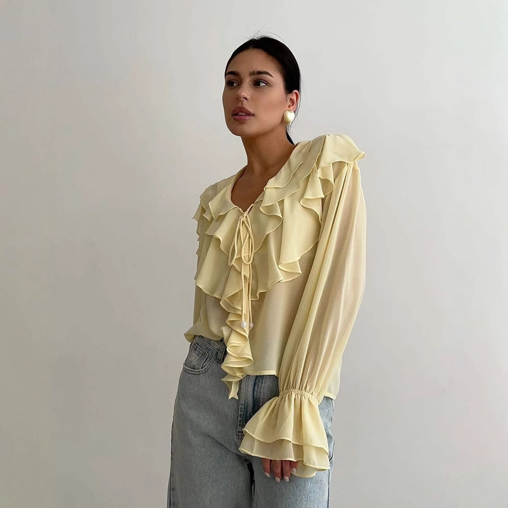 Women’s Blouse – Sheer Chiffon – Ruffle V-Neck – Relaxed Fit Long Sleeve