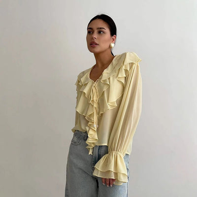 Women’s Blouse – Sheer Chiffon – Ruffle V-Neck – Relaxed Fit Long Sleeve