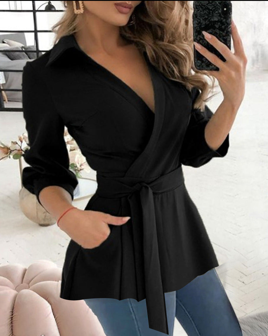 Women’s Blouse – V-Neck – Tie Waist – Long Sleeve – Fitted – Collared Smart Style