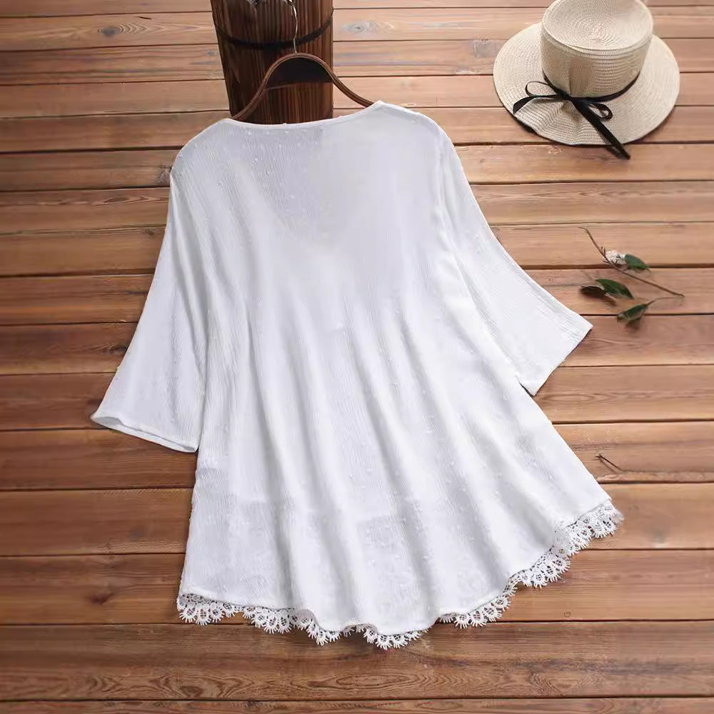 Women’s Boho Tunic Top – V-Neck – Bell Sleeves – Crochet Hem