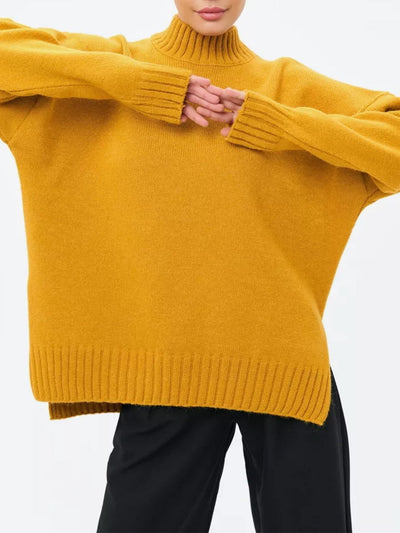 Women’s Pullover Sweater – Oversized Fit – Ribbed Knit – Semi-High Neck – Dropped Shoulder