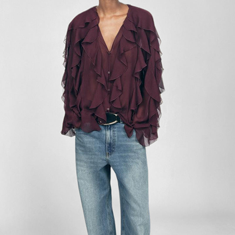 Women’s Blouse – Loose Fit – V-Neck – Long Sleeve – Layered Ruffle – Button Down