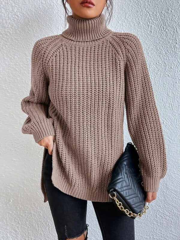 Grace | Full Size Turtle Ribbed Knit Slit Sweater