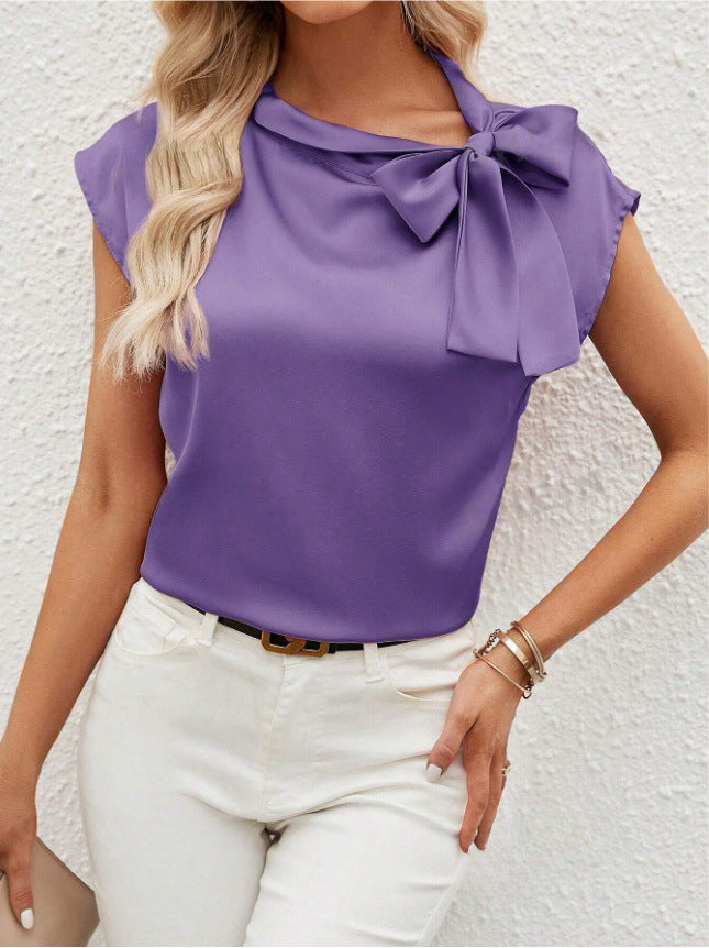 Women’s Satin Blouse – Relaxed Fit – Half Collar – Bow Neck – Cap Sleeve Elegant Top