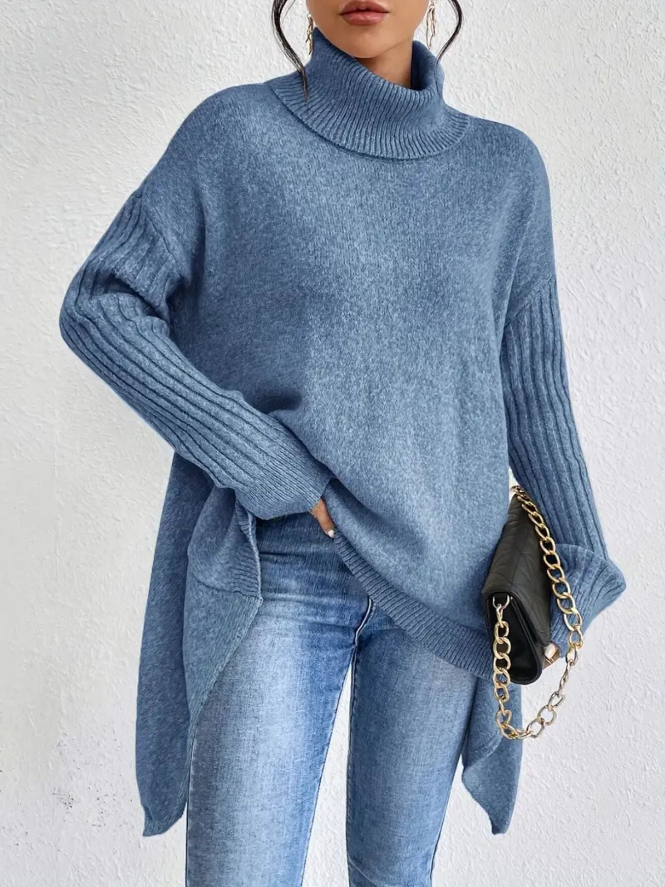 Women’s Turtleneck Sweater – Oversized Fit – Wool Knit – Asymmetrical Hem – Ribbed Sleeves