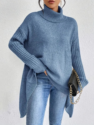 Women’s Turtleneck Sweater – Oversized Fit – Wool Knit – Asymmetrical Hem – Ribbed Sleeves