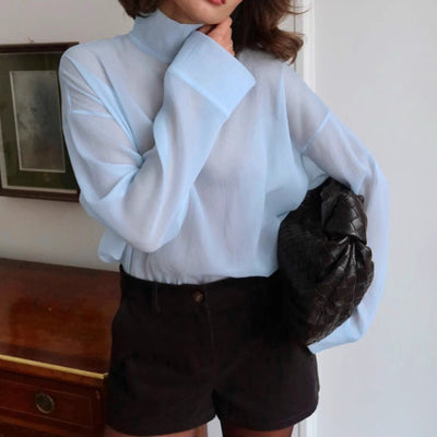 Women’s Blouse – Sheer Lightweight Fabric – Relaxed Fit – Long Sleeve Turtleneck