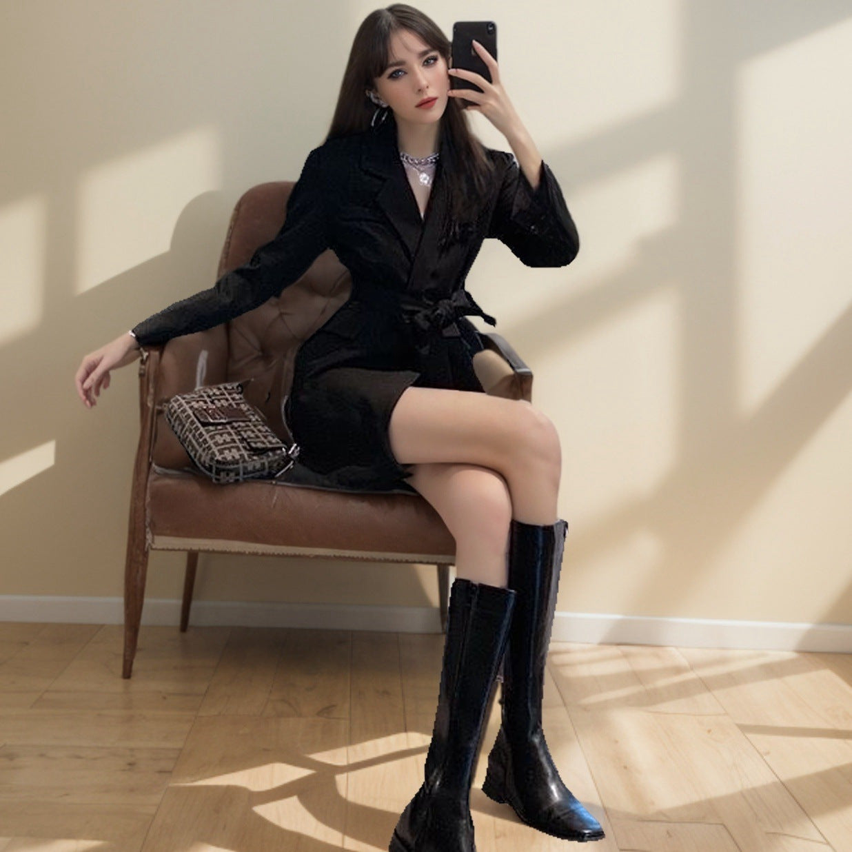 Women’s Blazer – Slim Fit – Waist Tie – V-Neck – Long Sleeve – Mid-Length – Tailored