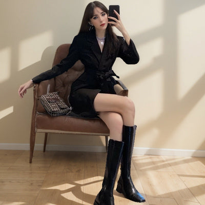 Women’s Blazer – Slim Fit – Waist Tie – V-Neck – Long Sleeve – Mid-Length – Tailored