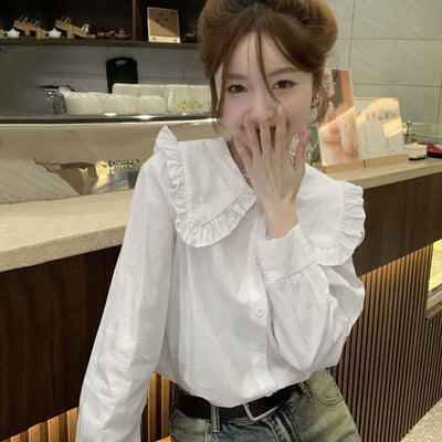 Women’s Blouse – Oversized Fit – Cotton Blend – Ruffled Collar – Long Sleeve Button Down