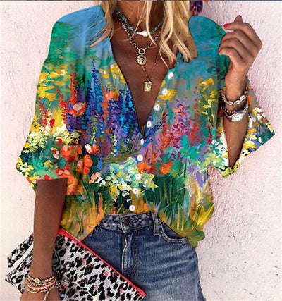Women's Printed Boho Long Sleeve Tunic Blouse