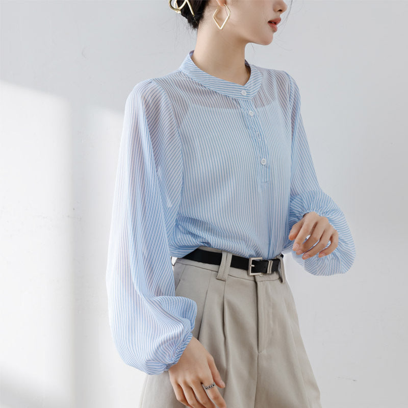 Women’s Blouse – Sheer Lightweight Fabric – Puff Sleeve – Stand Collar – Relaxed Fit