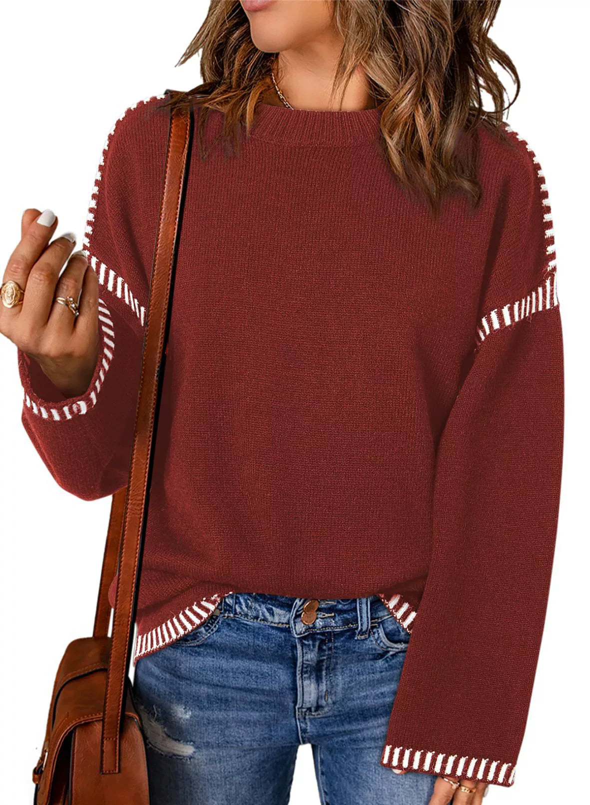 Women’s Sweater – Loose Fit Cable Knit – Round Neck – Long Sleeve with Stripe Trim