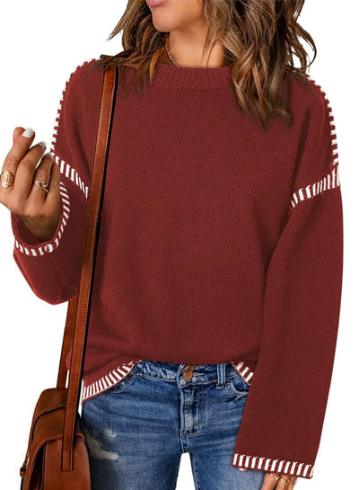 Women’s Sweater – Loose Fit Cable Knit – Round Neck – Long Sleeve with Stripe Trim