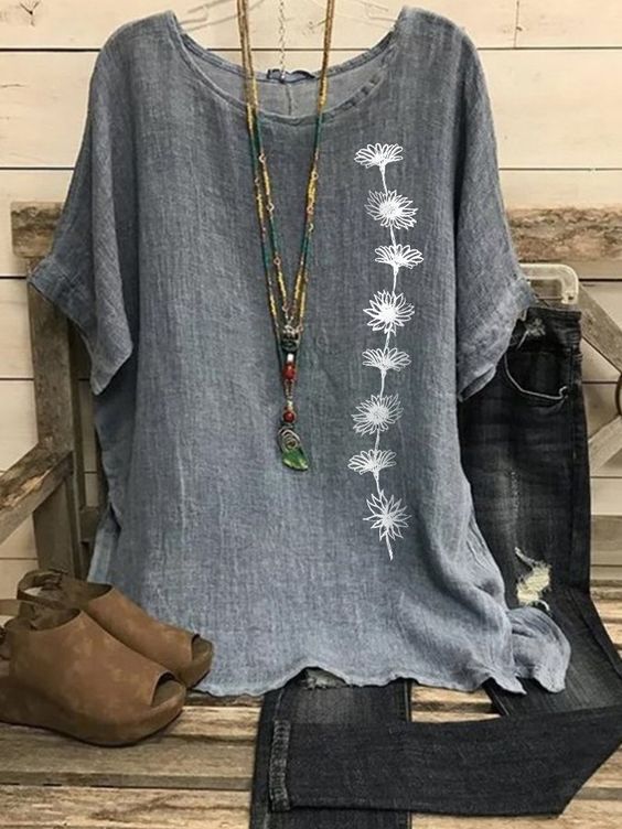 Women’s Blouse – Relaxed Fit – Lightweight Cotton – Round Neck – Half Sleeve – Tunic Length – Dandelion Print