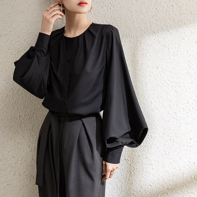 Women’s Blouse – Loose Fit – Lantern Sleeve – Round Neck – Button Front – Elegant Style