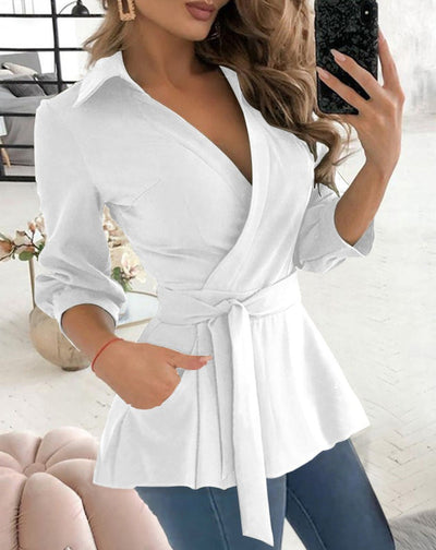 Women’s Blouse – V-Neck – Tie Waist – Long Sleeve – Fitted – Collared Smart Style