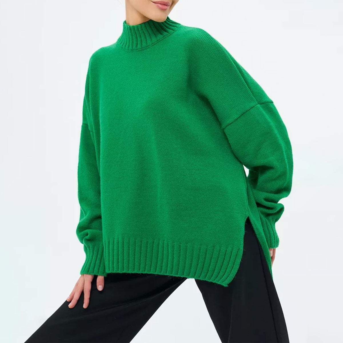Women’s Pullover Sweater – Oversized Fit – Ribbed Knit – Semi-High Neck – Dropped Shoulder