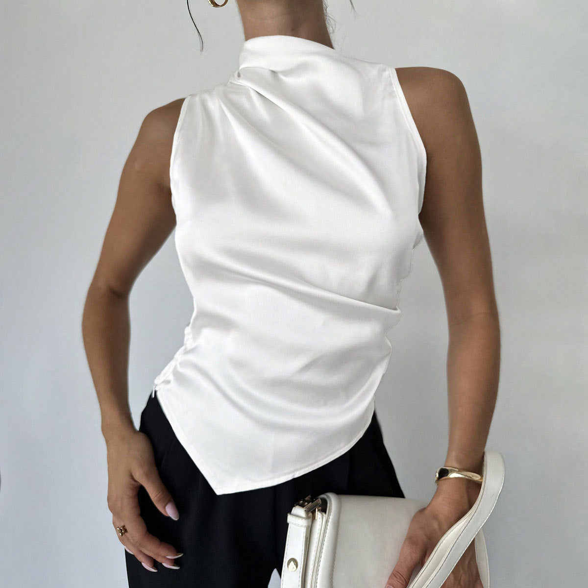 Women’s Sleeveless Blouse – Luxury Fabric – Slim Fit – High Neck – Draped Front