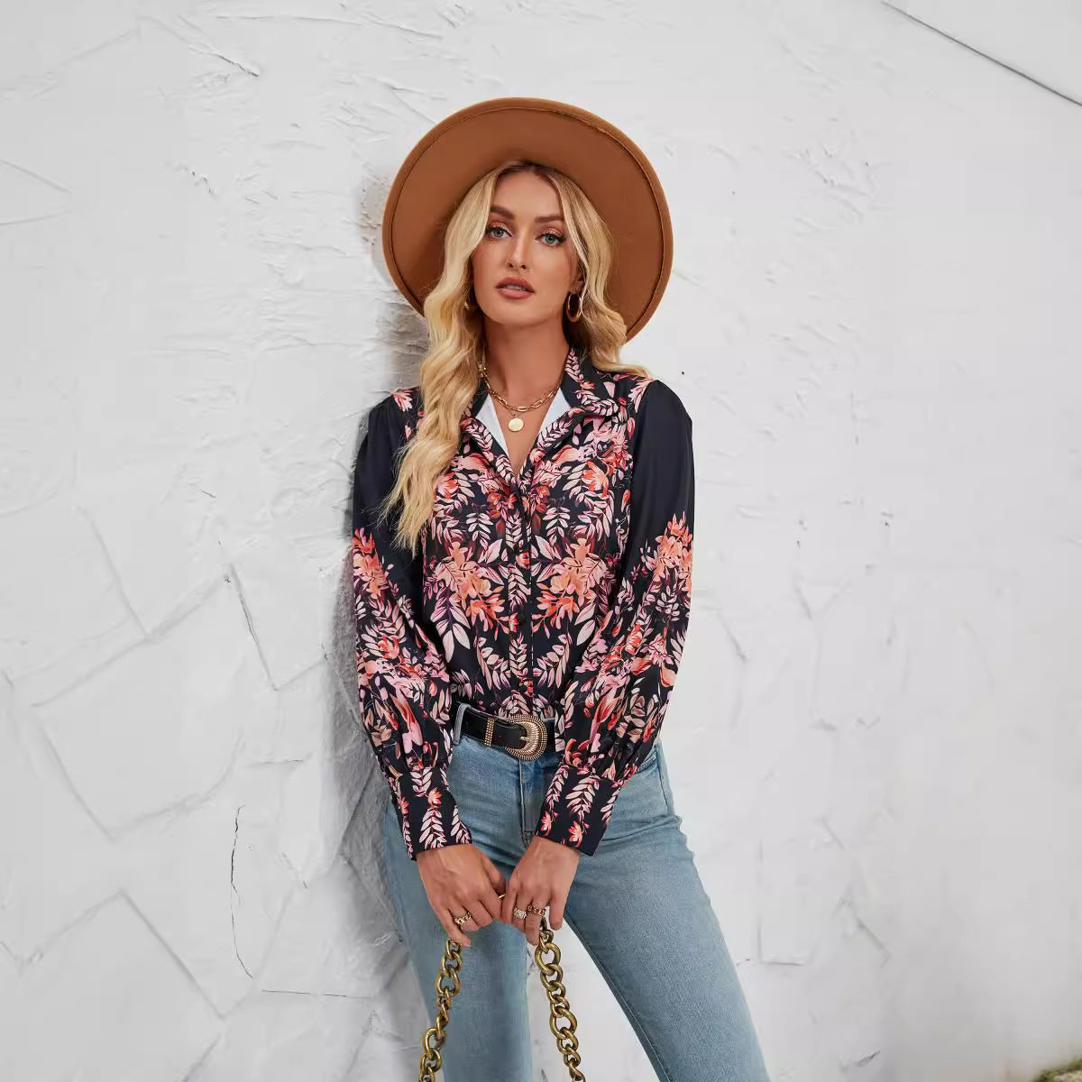 Women’s Long Sleeve Blouse – Relaxed Fit – Cotton Blend – Button Down – Floral Print